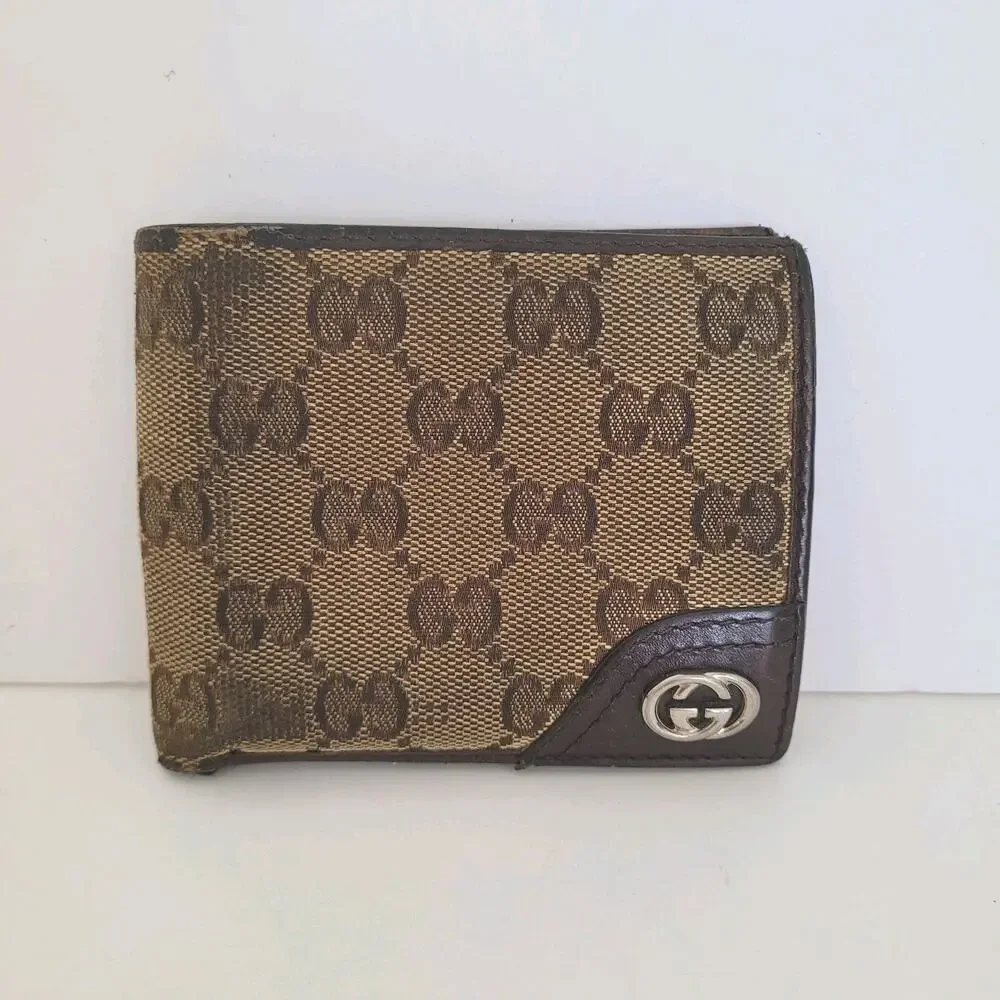 GUCCI GG Interlocking Men's Canvas Leather Card Bill Wallet Bifold Brown Designe
